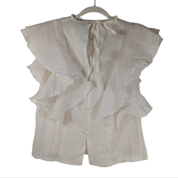RDY by Rafi Pina Sheer Ruffle Sleeve Blouse Ivory Button Front Feminine Top S - Picture 5 of 12